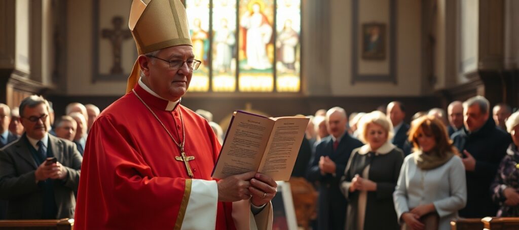 Katolicki biskup w tradycyjnych szatach liturgicznych trzyma kopię encykliki „Quas Primas” Piusa XI przed witrażem przedstawiającym Chrystusa Króla. Wokół niego gromadzą się wierni w modlitwie.