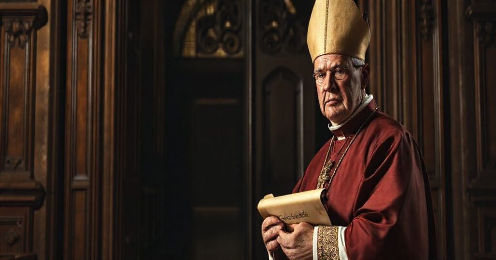 Praworzędny biskup w pełnym stroju liturgicznym stoi przed zamkniętymi drzwiami kościoła, trzymając kancelarię z napisem 'Acta Sanctae Sedis'.