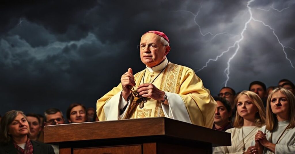 Katolicki biskup w tradycyjnych szatach kościelnych przemawia do tłumu wiernych, trzymając krzyż. Scena pełna dramatycznego oświetlenia i burzowego nieba symbolizuje moralny kryzys i konieczność obrony wiary.