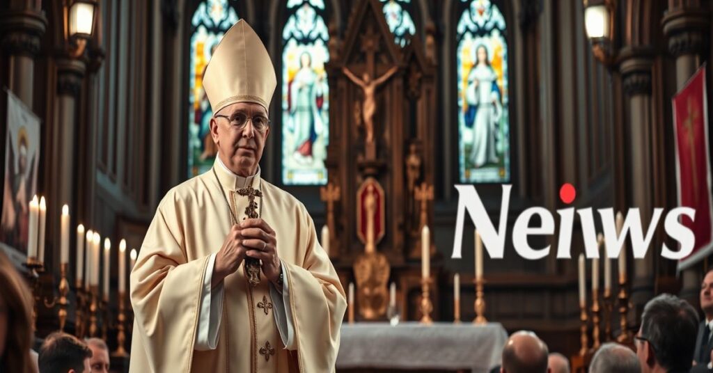 Sobór katolicki z tradycyjnymi elementami i biskupem w stroju liturgicznym przemawiającym do zgromadzenia