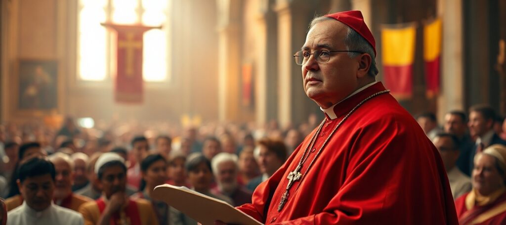 Katolicki biskup w szatach liturgicznych przemawia do wiernych w katedrze