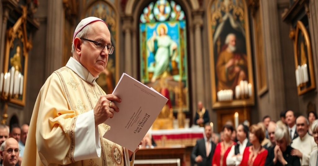 Biskup katolicki w tradycyjnym stroju liturgicznym trzyma encyklikę 'Quas Primas', przemawia do zgromadzenia w wielkim kościele.