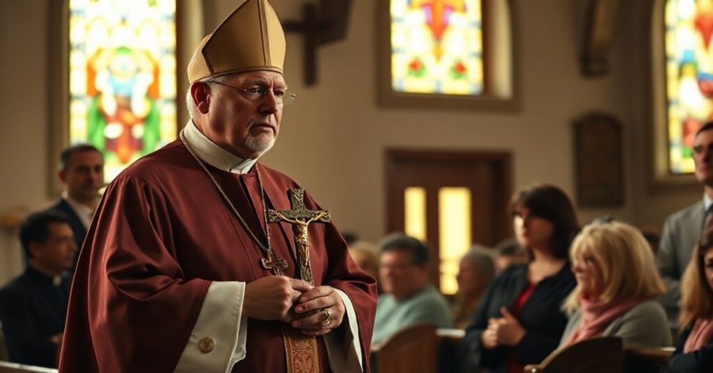 Biskup w tradycyjnych szatach liturgicznych trzyma krzyż podczas przemówienia przed wiernymi w kościele