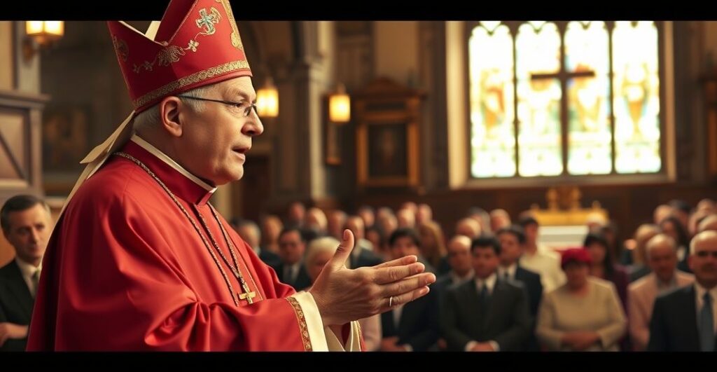Biskup w liturgicznym stroju przemawia podczas katolickiej konferencji, symbolizując moralną walkę i krytykę nowoczesnych zagrożeń dla Kościoła