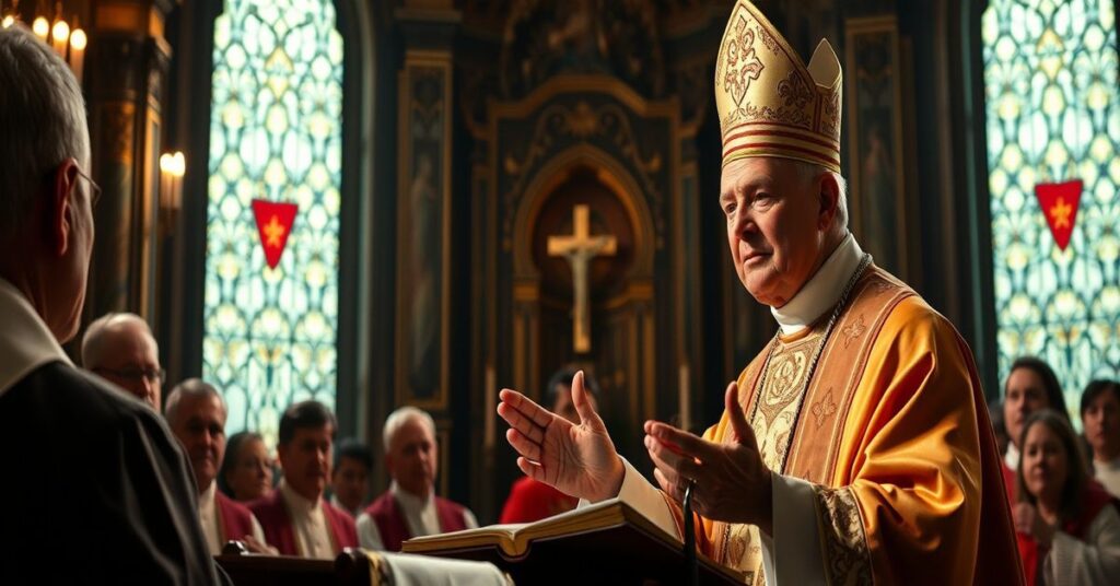 Biskup w kaplicy kościelnej mówi o władzy kościelnej jako darze z siebie.