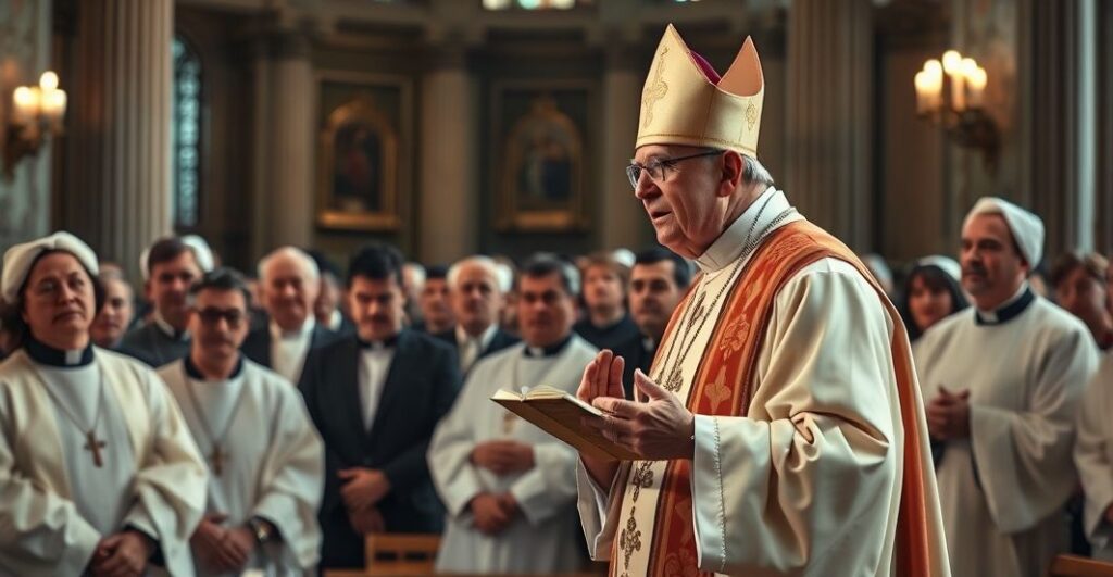 Biskup w tradycyjnym stroju katolickim przemawia podczas zgromadzenia, symbolizując obronę wiary przeciw modernizmowi