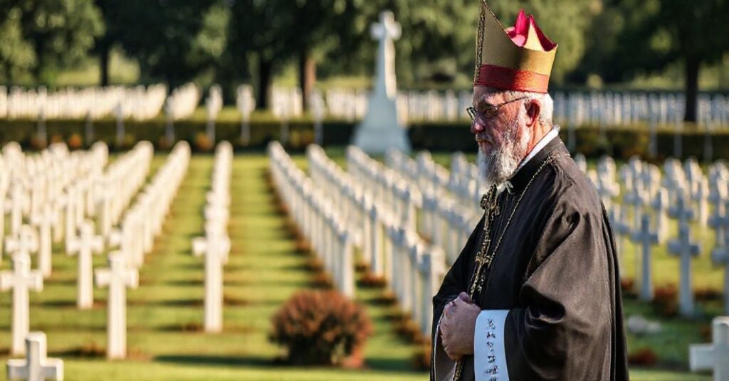 Biskup w pełnym ornaty stoi przed pomnikiem wojennym na cmentarzu, trzymając krzyż, z rzędami grobów oznaczonymi krzyżami w tle, symbolizującym katolicką eschatologię i modlitwę za zmarłych.