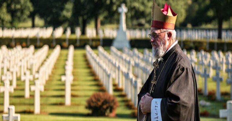 Biskup w pełnym ornaty stoi przed pomnikiem wojennym na cmentarzu, trzymając krzyż, z rzędami grobów oznaczonymi krzyżami w tle, symbolizującym katolicką eschatologię i modlitwę za zmarłych.