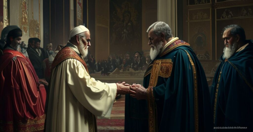 Portret biskupa Marka Solarczyka podczas spotkania z antypapieżem w Auli Pawła VI, symbolizujący zdradę doktryny.