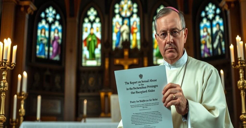 Biskup katolicki w tradycyjnych szatach stoi przed ołtarzem kościoła z dokumentem raportu o nadużyciach seksualnych w diecezji Providence