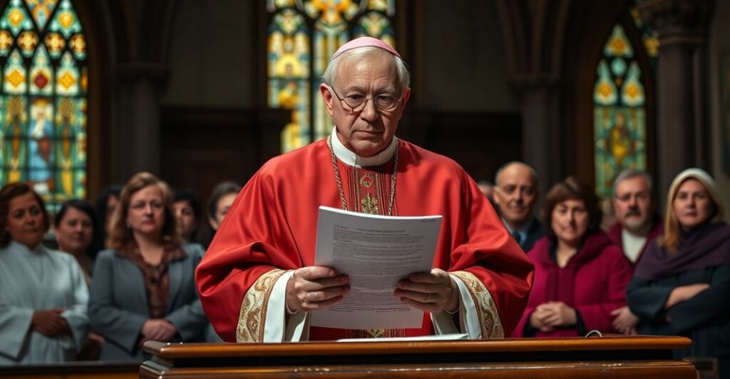 Biskup w tradycyjnym stroju liturgicznym trzyma dokument zakazujący działalności podejrzanych wspólnot religijnych, na tle kościoła w tradycyjnym stylu