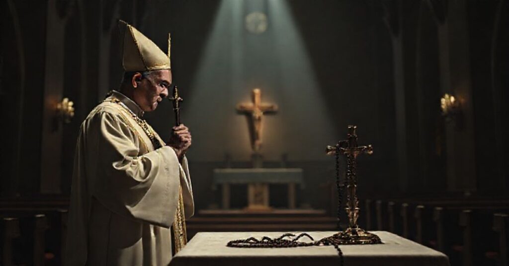 Biskup w tradycyjnych szatach kapłańskich stoi w ciemnej kaplicy przy ołtarzu z rozbitym różańcem.