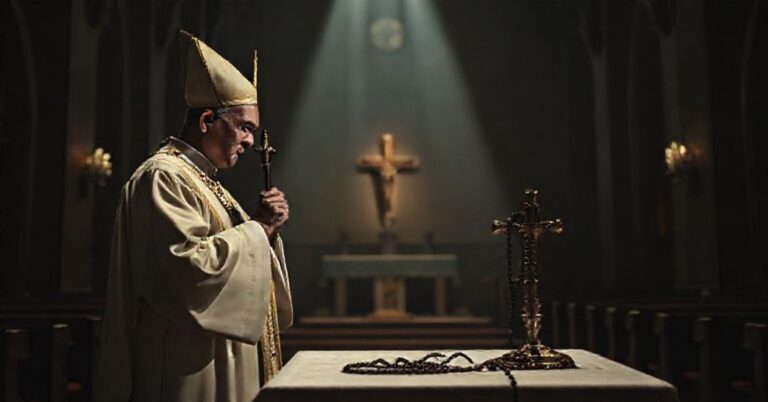 Biskup w tradycyjnych szatach kapłańskich stoi w ciemnej kaplicy przy ołtarzu z rozbitym różańcem.