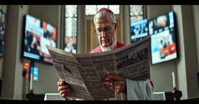 Tradycyjny biskup katolicki w ornaty przed ołtarzem patrząc na gazetę z sensacyjnymi tytułami