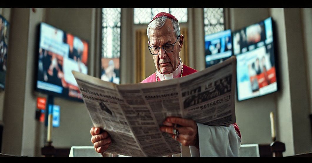 Tradycyjny biskup katolicki w ornaty przed ołtarzem patrząc na gazetę z sensacyjnymi tytułami