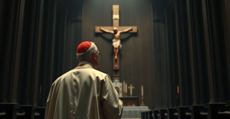 Biskup w liturgicznym ornacie w katedrze, rozważający krucyfiks, symbolizujący powagę i duchowość katolicką w kontekście kryzysu moralnego w dyplomacji