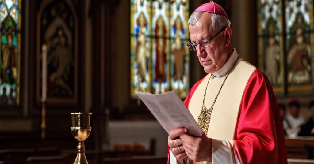 Cerkiew rzymskokatolicka z biskupem w szatach liturgicznych trzymającym list od duchownych schizmatyckich przy ołtarzu