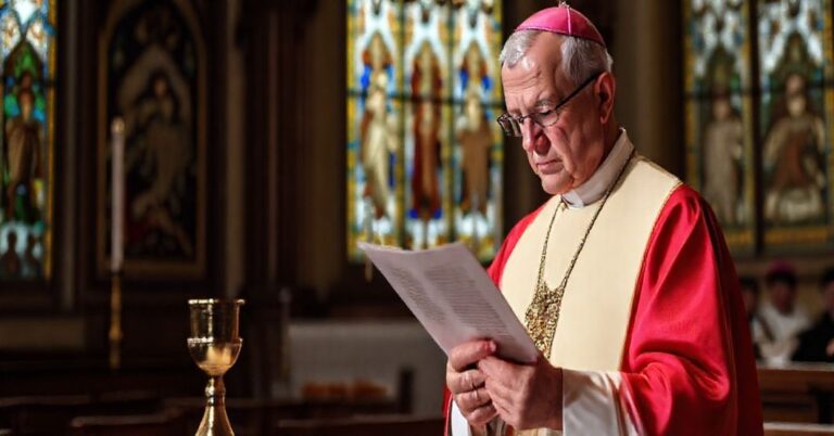 Cerkiew rzymskokatolicka z biskupem w szatach liturgicznych trzymającym list od duchownych schizmatyckich przy ołtarzu