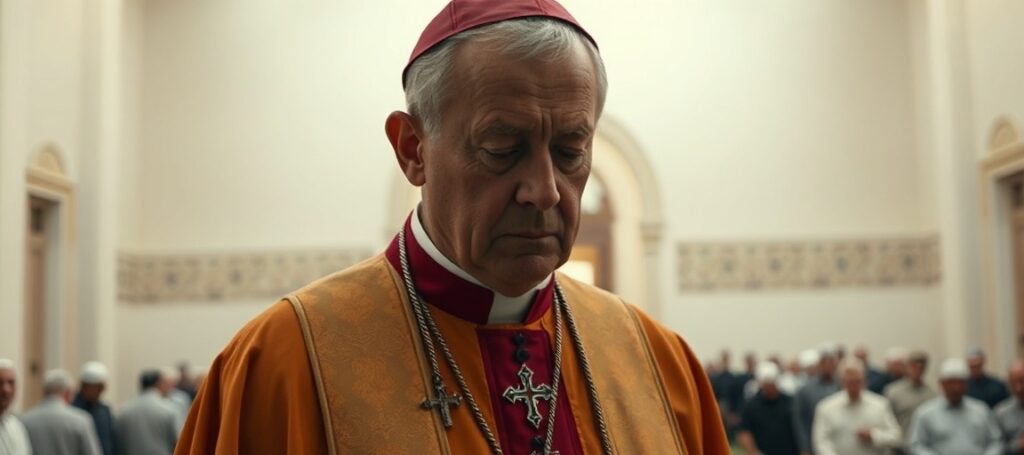 Biskup w tradycyjnym stroju kościelnym stoi przed meczetem w San Diego, wyrażając smutek po strzelaninie. Tło przedstawia grupę modlących się muzułmanów.