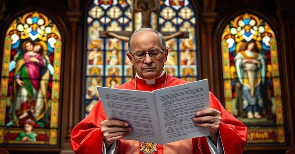 Biskup w tradycyjnym ornacie stoi przed krzyżem, wyrażając smutek i determinację wobec herezji promowania sodomii