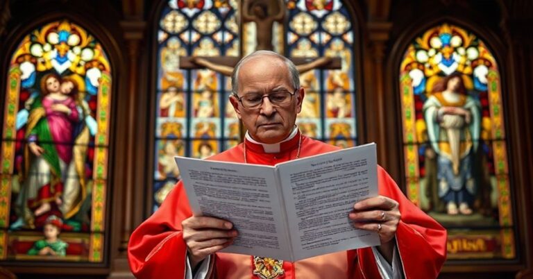 Biskup w tradycyjnym ornacie stoi przed krzyżem, wyrażając smutek i determinację wobec herezji promowania sodomii