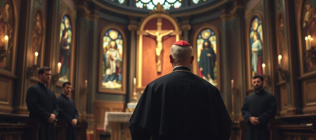Biskup w czarnej sutannie modlący się w barokowym kościele - symbol schizmy w strukturach kościelnych po ekskomunice SSPX przez antykościół Leona XIV