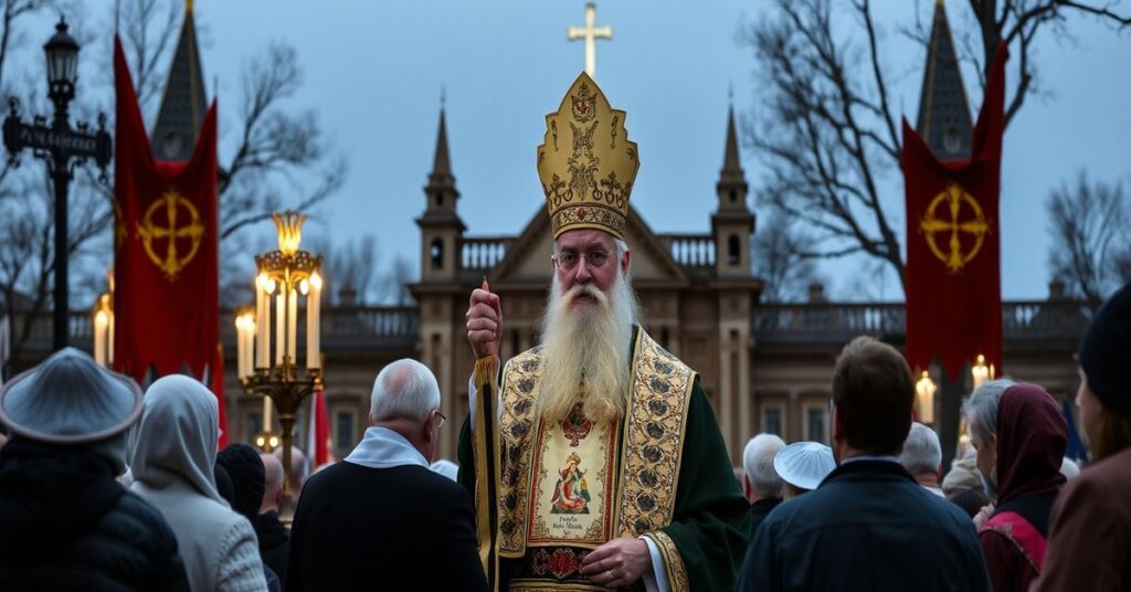 Biskup Athanasius Schneider stoi w tradycyjnym habitie przed Watykanem, trzymając list apelu do 'papieża' Leona XIV.