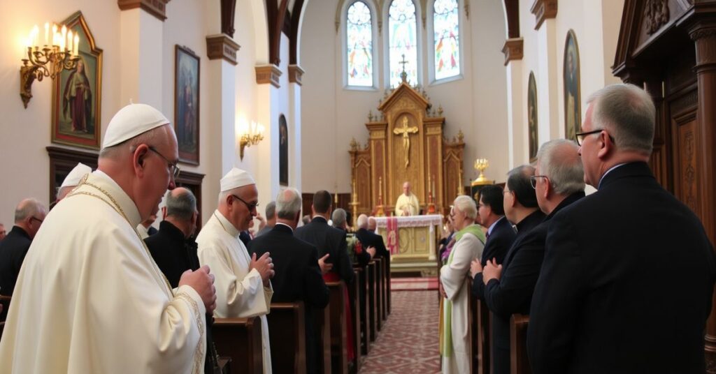 Biskup Athanasius Schneider w tradycyjnym habitacie katolickim przed ołtarzem z biskupami w purpurze na tle katedry z witrażem Chrystusa Króla