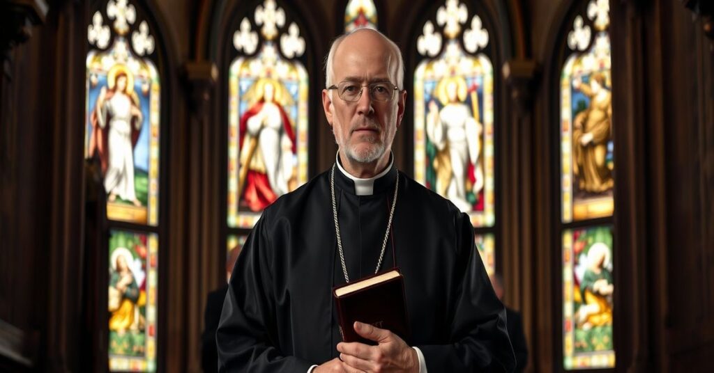 Obraz przedstawia biskupa Atanazego Schneidera w tradycyjnym kościele katolickim, otoczonego przez członków Bractwa św. Piusa X. Scena podkreśla konflikt między tradycją a nowoczesnymi odchylenami.