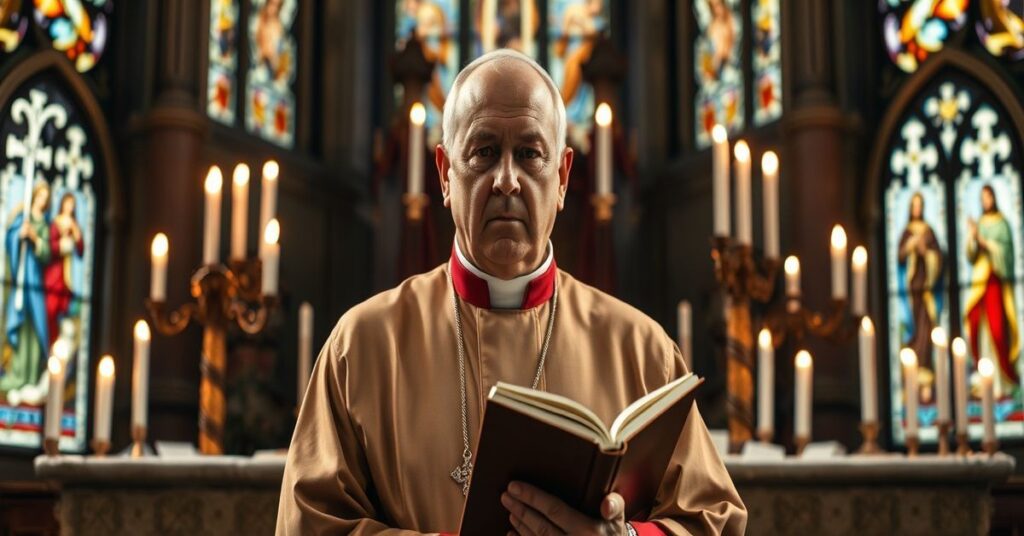 Biskup w tradycyjnych szatach przed ołtarzem w starożytnym kościele, otoczony świecami i witrażami.