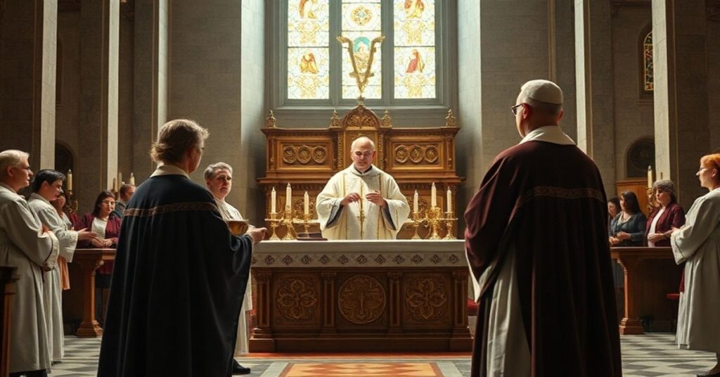 Obrązek przedstawiały kobietę służycą przy ołtarzu w nowoczesnym koście katolickim z 'biskupem' Athanasiusem Schneiderem w tle.