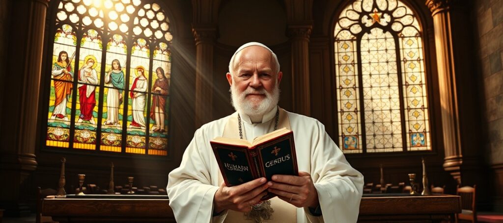 Biskup Athanasius Schneider w tradycyjnym kościele katolickim z książką 'Humanum Genus' na ołtarzu