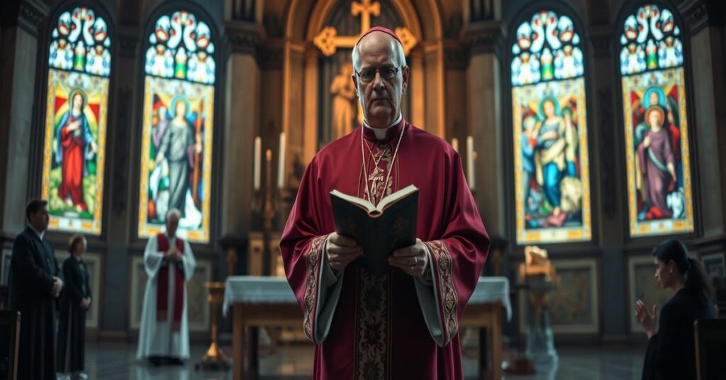 Biskup Athanasius Schneider w tradycyjnych szatach katolickich stojący przed ołtarzem z pogańskim bałwanem Pachamamy w kościele