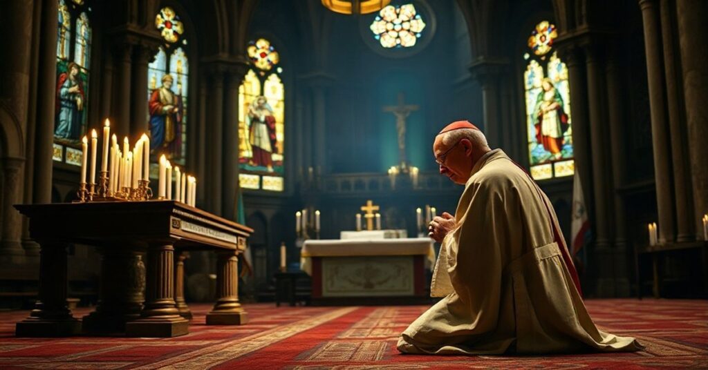 Biskup Athanazjusz Schneider modli się przed ołtarzem w tradycyjnej bazylice z akademicką architekturą i witrażami