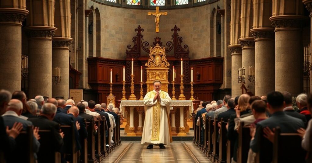 Biskup Athanasius Schneider odprawia tradycyjną Mszę św. w kościele z wiernymi modlącymi się w pokorze.