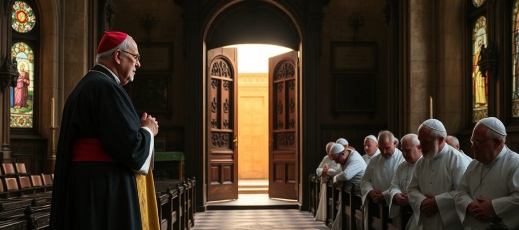 Biskup Athanasius Schneider modli się przed ołtarzem w tradycyjnym kościele katolickim, podczas gdy grupa wiernych, w tym Ojciec Davide Pagliarani, klęczy w modlitwie. Scena symbolizuje dylemat tradycyjnych katolików w czasie schizmy w Kościele.