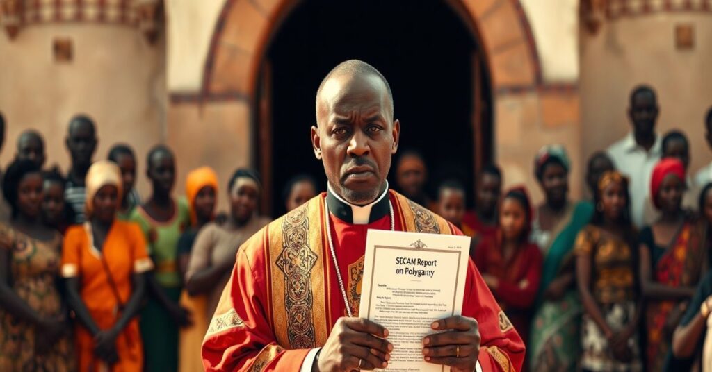 Afrykański biskup w tradycyjnym strój liturgiczny trzyma dokument SECAM o poligamii przed kaplicą