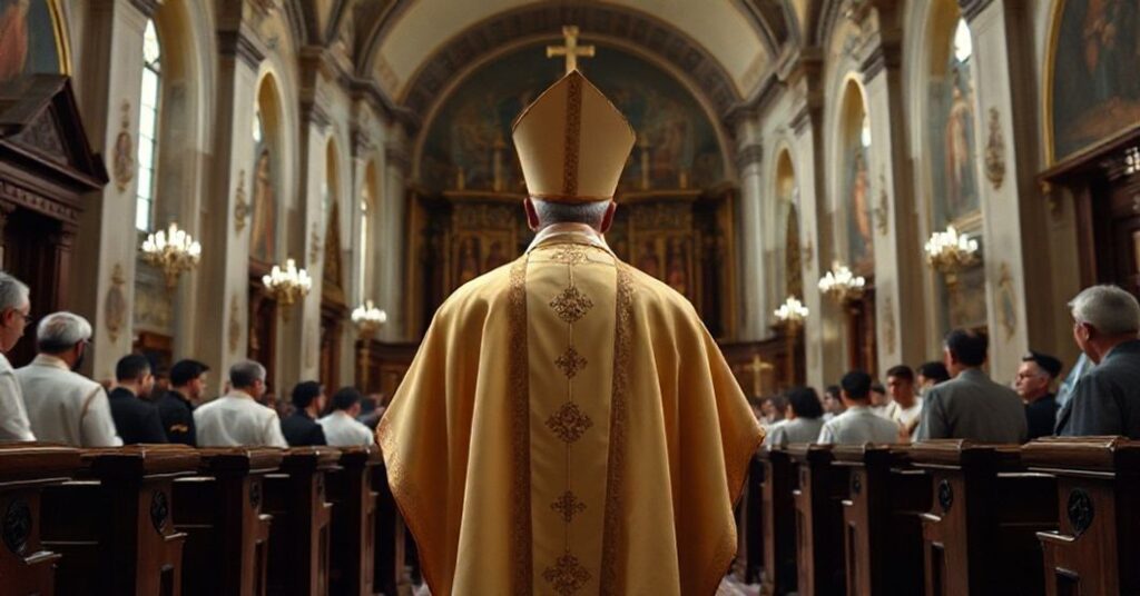 Biskup sede vacante w tradycyjnych ornatach w cerkwi na Ukrainie, symbolizujący konflikt między katolicką doktryną a nowoczesnymi ustępstwami wobec schizmatyckiej struktury prawosławnej.
