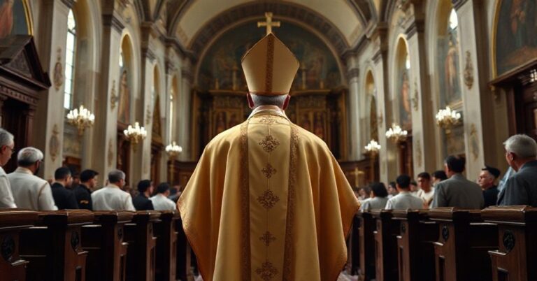 Biskup sede vacante w tradycyjnych ornatach w cerkwi na Ukrainie, symbolizujący konflikt między katolicką doktryną a nowoczesnymi ustępstwami wobec schizmatyckiej struktury prawosławnej.