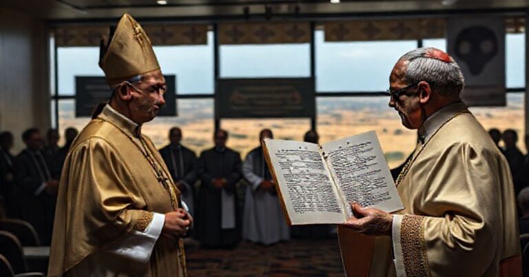 Sobierajny widok tradycyjnego biskupa sedevacantistowskiego w pełnym stroju liturgicznym trzymającego encyklikę Quas Primas Piusa XI podczas konferencji w kontekście kontrowersyjnego dokumentu COMECE-SECAM.