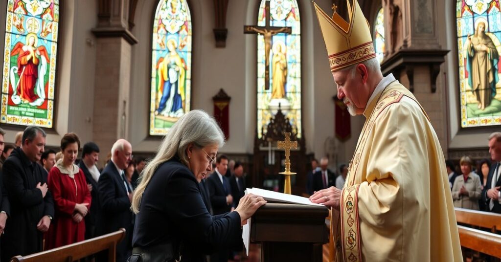 Uroczystość w tradycyjnym kościele katolickim w Elblągu z biskupem sedevacantystą i jubilatką podczas błogosławieństwa.