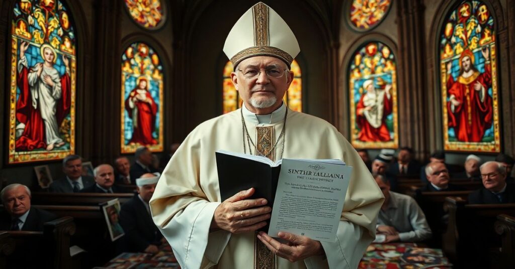 Portret tradycyjnie ubranego biskupa katolickiego sedevacantysty w środowisku kościelnym z propagandą AI