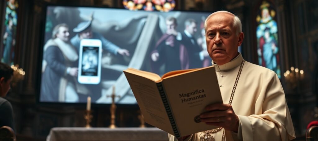 Sedevacantystowski biskup w tradycyjnym stroju stojący przed ołtarzem z książką encykliki Magnifica Humanitas papieża Leona XIV na tle ekranu z aplikacją nudifier