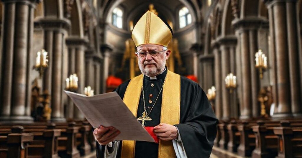 Tradycyjny biskup siedzący w historycznej katedrze polskiej, trzymając odrzucony dokument modernistyczny, ze smętnym i zdecydowanym wyrazem twarzy.