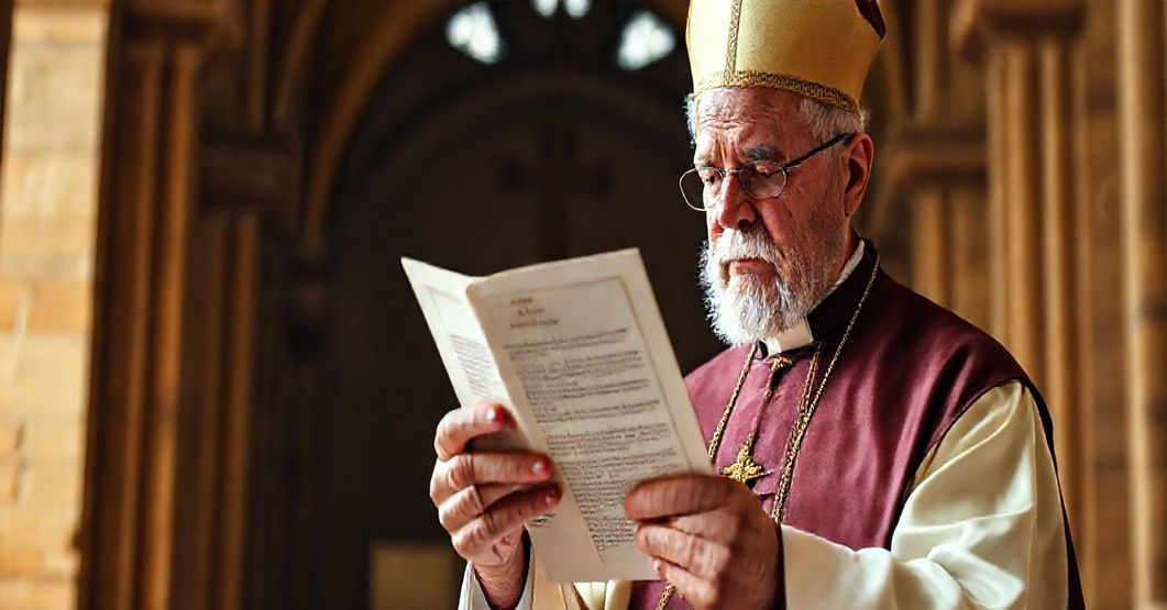 Poważny biskup sedewakantystowski w pełnym stroju liturgicznym trzyma dokument synodalny w soborze; wyraża smutek i niepokój z powodu rewolucyjnych odchyleń od Depozytu Wiary.