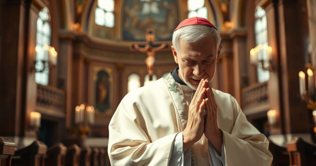 Biskup katolicki w tradycyjnych szatach sedevakantystycznych modlący się w ozdobionym kościele, z krzyżem i świecami w tle, wyrażający głęboką pokorę i skupienie.
