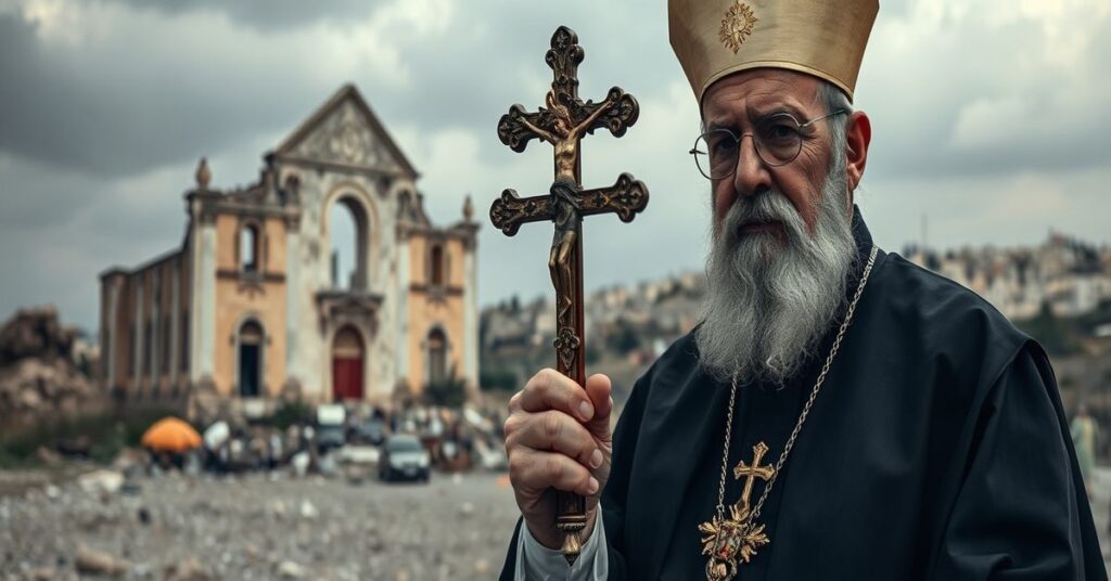 Biskup sedewakantystowski przed zrujnowanym kościołem z krzyżem w ręku na tle konfliktów izraelsko-palestyńskich.