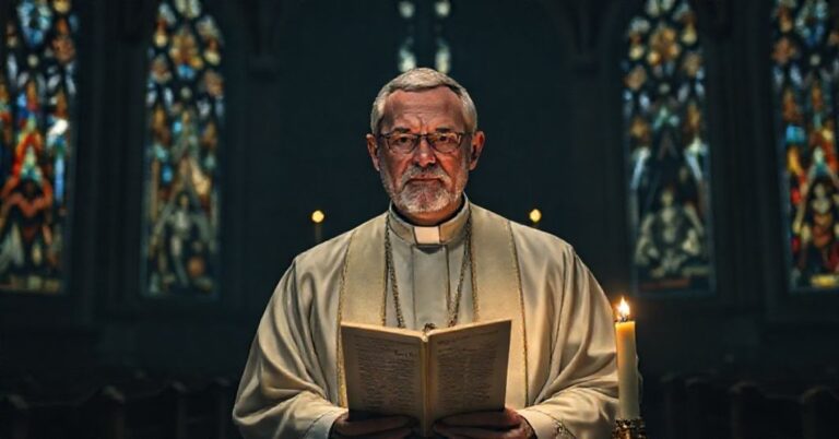 Portret biskupa Marka Seitza przed ołtarzem z aktem Dignity Act w ręku, w tle masońskie symbole i chaos migracyjny.