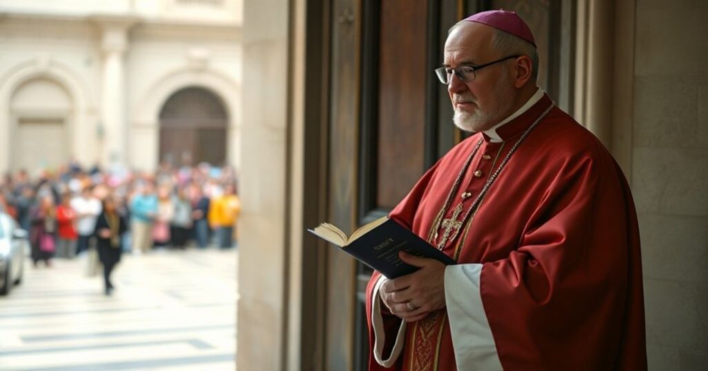 Biskup w tradycyjnych szatach liturgicznych przed zamkniętymi drzwiami kościoła z poważną mimiką twarzy