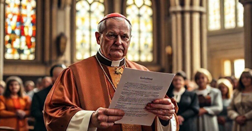 Biskup w tradycyjnych ornatach trzyma dokument 'You Are Not Alone' w katolickiej katedrze.
